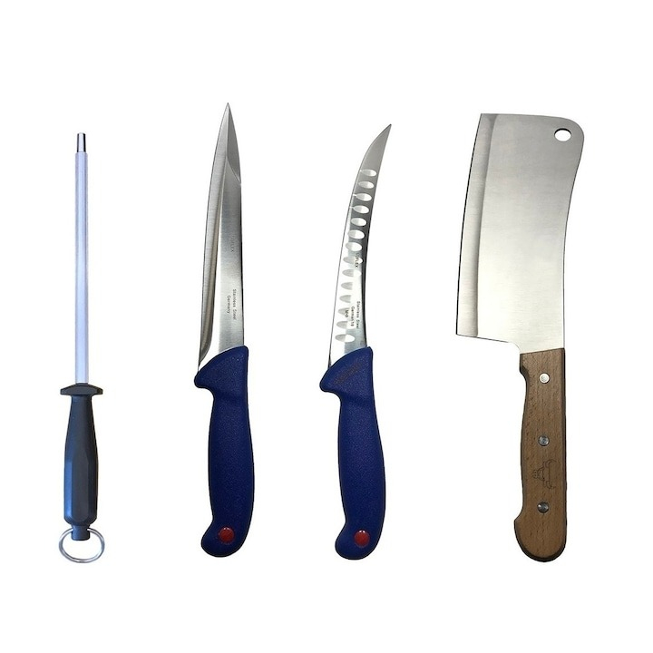 Set cutite profesionale de macelarie, injunghiat, transat, filetat, dezosat, masat pentru ascutit, satar, 2 cutite