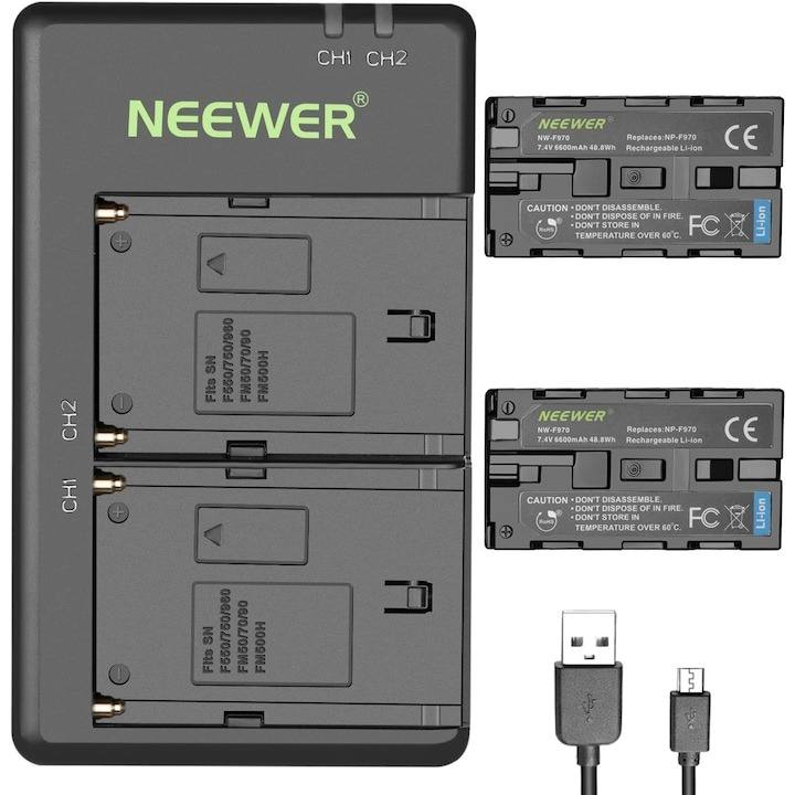 Set de 2 acumulatori Neewer NP-F970 de 6600 mAh cu incarcator dual, pentru Sony, F960 F950 F770 F750 F570 F550, LED de monitorizare [3]
