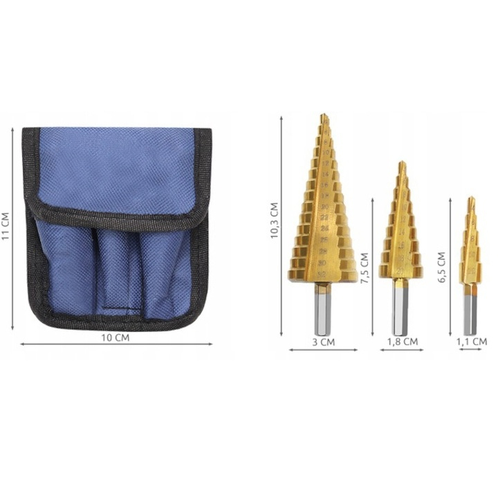 Set de burghie conice, 3 bucati, dimensiuni diferite, otel HSS cu acoperire din titan – precizie, durabilitate si performanta profesionala [8]