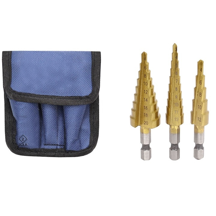 Set de burghie conice, 3 dimensiuni diferite 20-4 / 12-3 / 12-4 mm, otel HSS cu acoperire din titan – precizie, durabilitate si performanta profesionala [6]