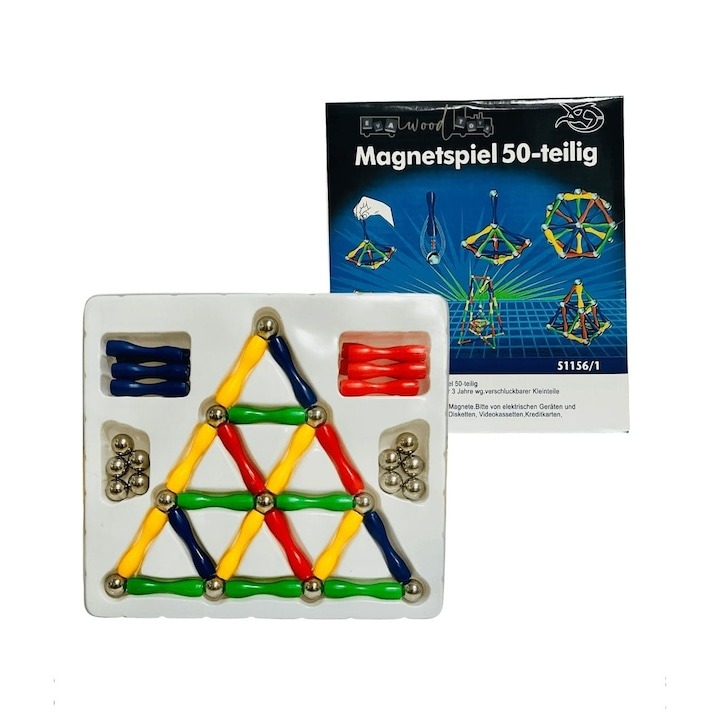 Set de constructie 3D, 50 piese, cu bile magnetice, tije din plastic, 4 culori diferite - Multicolor [2]