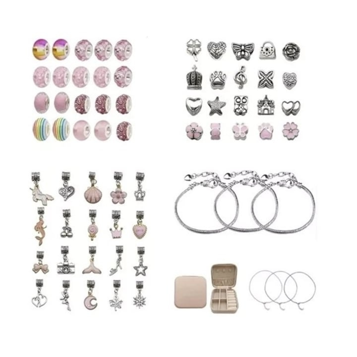Set de creatie bijuterii, 66 elemente, confectionare bratari si lantisoare din charmuri, pentru copii 5+ ani, pentru dezvoltarea imaginatiei, include punga cadou si cutie depozitare, multicolor [9]