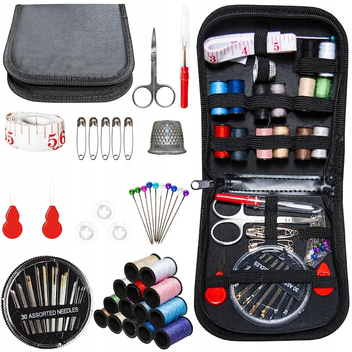 Set de croitorie, 70 articole diferite, husa depozitare cu fermoar, accesorii complete pentru coasere si reparatii, negru [6]