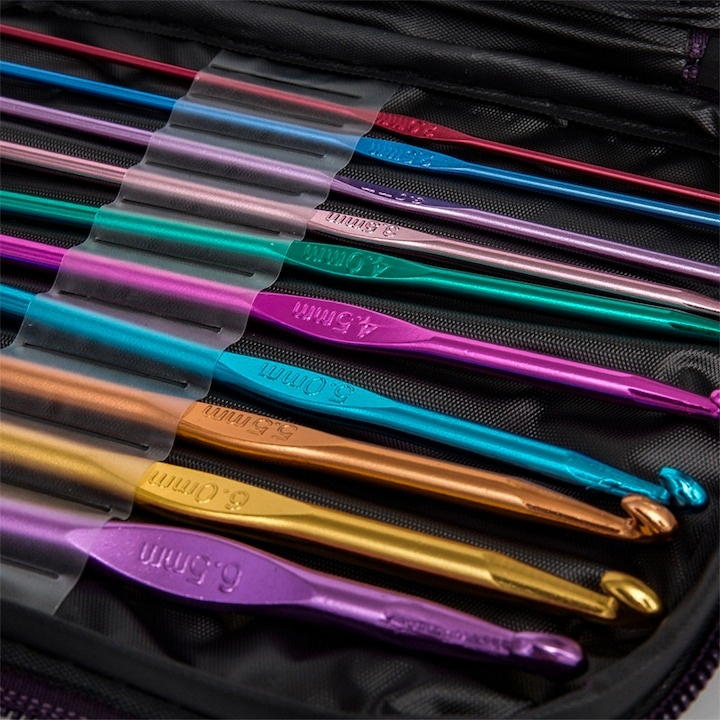 Set de crosetat 100 piese, ace din aluminiu si inox, accesorii complete, husa organizatoare inclusa, ideal pentru incepatori si avansati, multicolor [5]