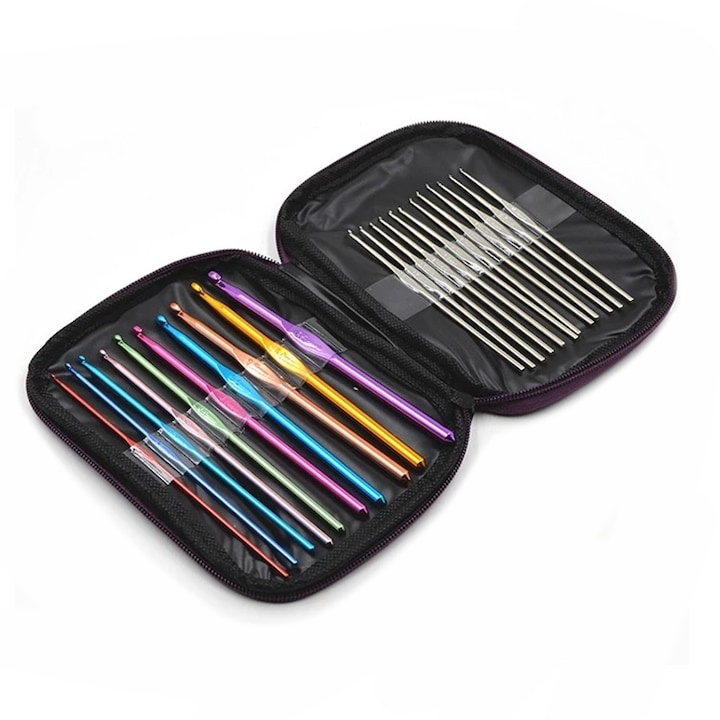 Set de crosetat 100 piese, ace din aluminiu si inox, accesorii complete, husa organizatoare inclusa, ideal pentru incepatori si avansati, multicolor [2]