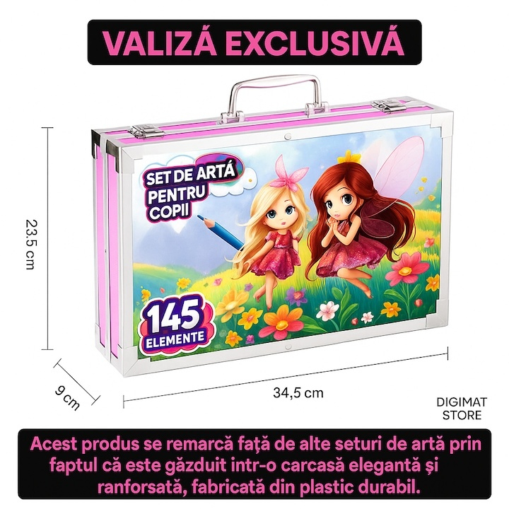 Set de desen si pictura pentru copii, 145 piese, valiza portabila din metal cu sertare, creioane, markere, acuarele, pasteluri, pensule si accesorii, organizare completa, roz [4]