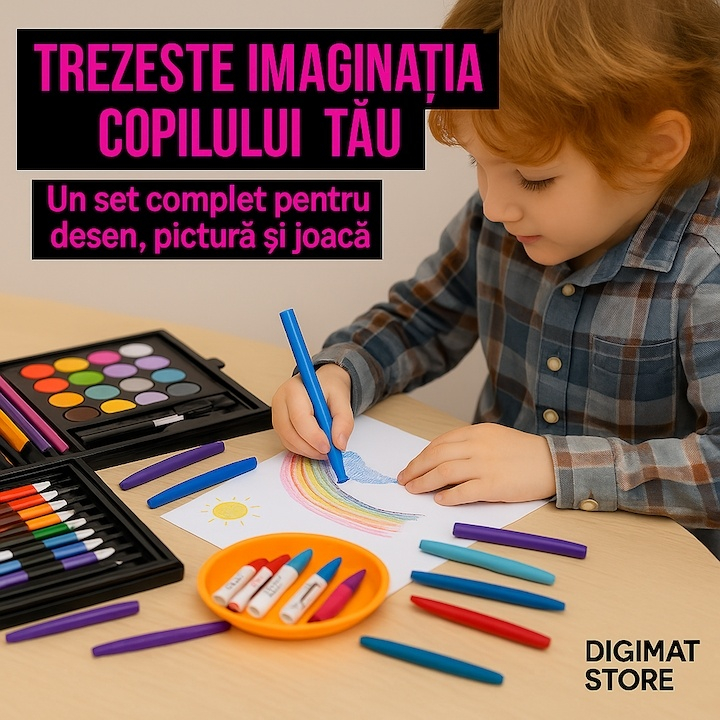 Set de desen si pictura pentru copii, 145 piese, valiza portabila din metal cu sertare, creioane, markere, acuarele, pasteluri, pensule si accesorii, organizare completa, roz [7]