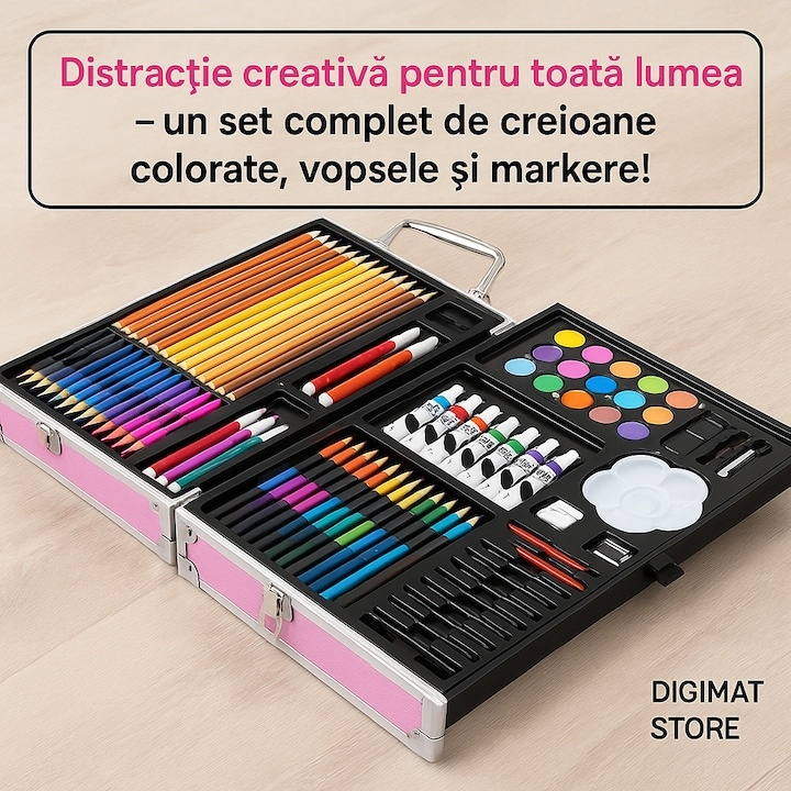Set de desen si pictura pentru copii, 145 piese, valiza portabila din metal cu sertare, creioane, markere, acuarele, pasteluri, pensule si accesorii, organizare completa, roz [9]