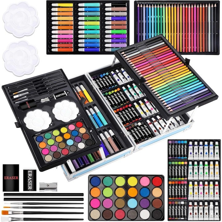 Set de desen si pictura pentru copii, 145 piese, valiza portabila din metal cu sertare, creioane, markere, acuarele, pasteluri, pensule si accesorii, organizare completa, albastru [3]