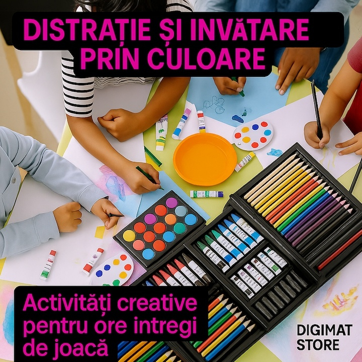 Set de desen si pictura pentru copii, 145 piese, valiza portabila din metal cu sertare, creioane, markere, acuarele, pasteluri, pensule si accesorii, organizare completa, roz [5]