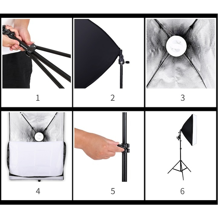 Set de lumini pentru studio cu 2 softbox plus doua becuri LED 20W, suport reglabil 80 - 200 cm, Negru [2]