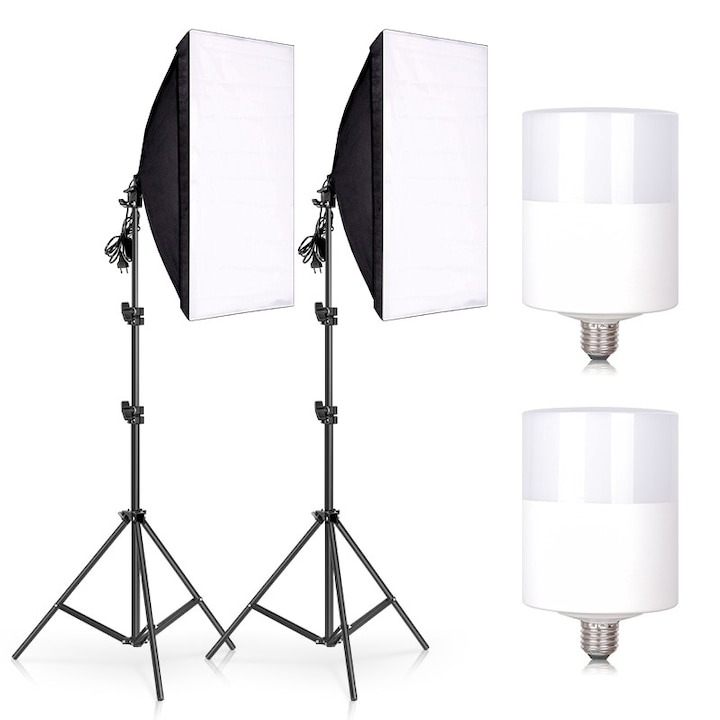 Set de lumini pentru studio cu 2 softbox,doua becuri LED 25W, suport reglabil 80 - 200 cm