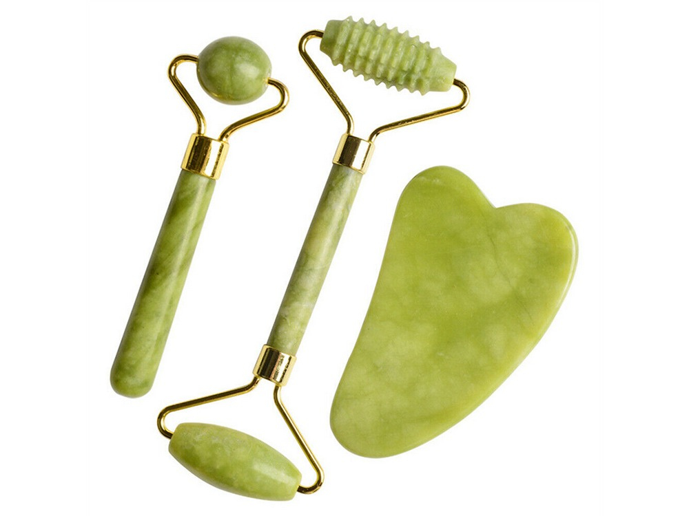Set de masaj facial, 2 role jade si piatra Gua Sha din jade, capat fin si abraziv - Verde [2]