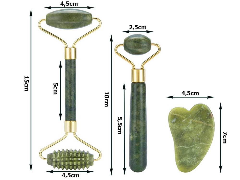 Set de masaj facial, 2 role jade si piatra Gua Sha din jade, capat fin si abraziv - Verde [3]