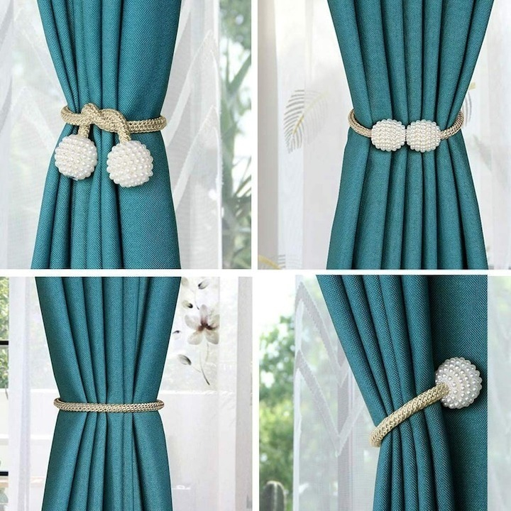 Set de prindere pentru draperii si perdele, 4 magneti decorativi imprimati cu margele, tip snur - Crem [3]