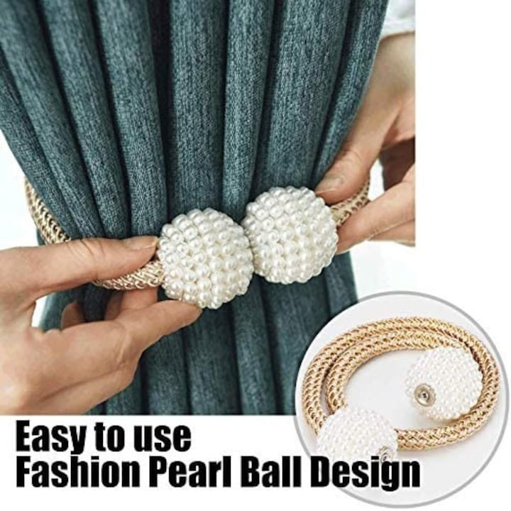 Set de prindere pentru draperii si perdele, 4 magneti decorativi imprimati cu margele, tip snur - Crem [4]