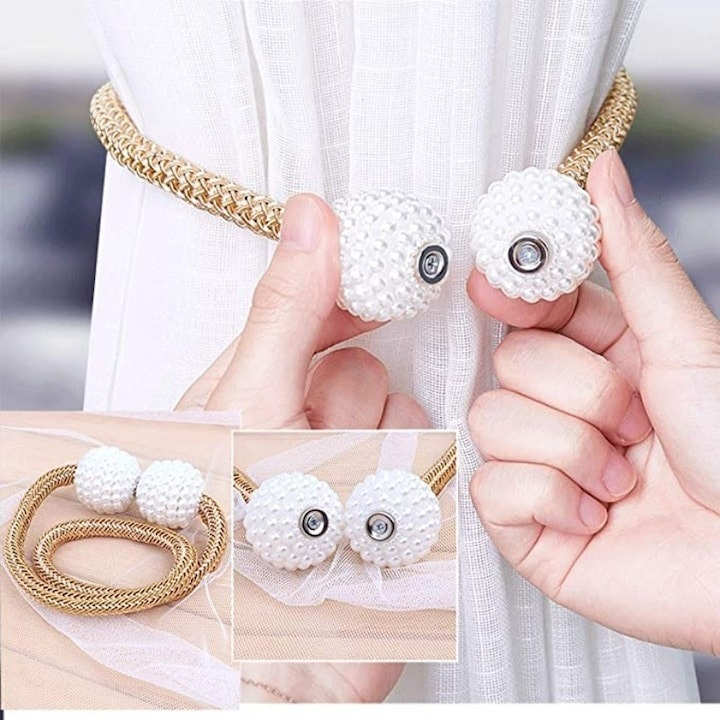 Set de prindere pentru draperii si perdele, 6 magneti decorativi imprimati cu margele, tip snur - Crem [7]