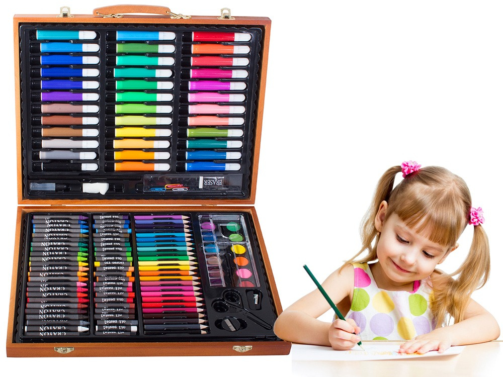 Set desen si pictura pentru copii, 150 piese, creioane, carioci, acuarele, trusa maro din lemn inclusa [16]