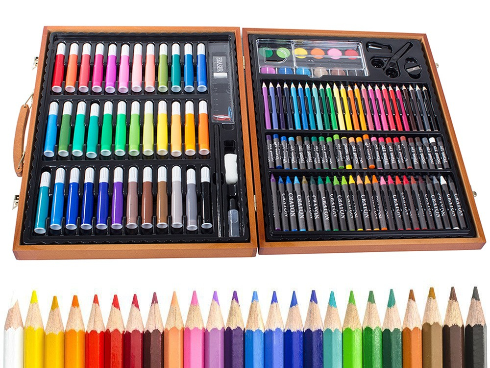 Set desen si pictura pentru copii, 150 piese, creioane, carioci, acuarele, trusa maro din lemn inclusa [6]