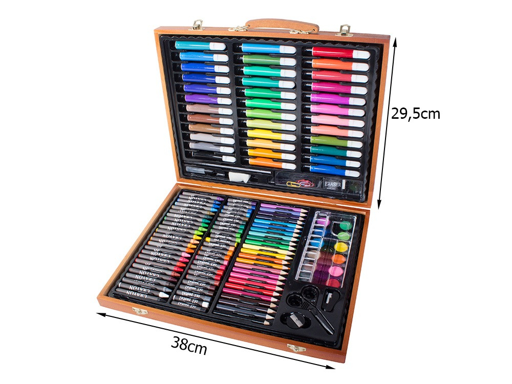 Set desen si pictura pentru copii, 150 piese, creioane, carioci, acuarele, trusa maro din lemn inclusa [10]