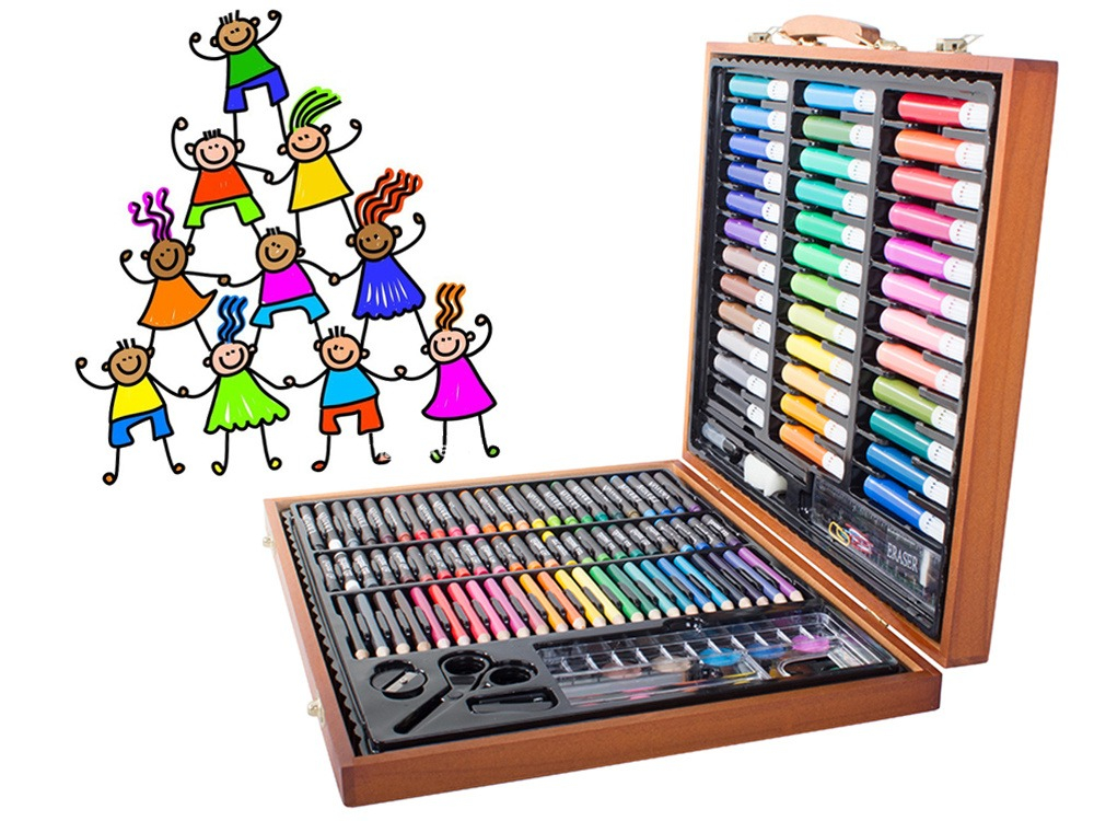 Set desen si pictura pentru copii, 150 piese, creioane, carioci, acuarele, trusa maro din lemn inclusa [4]