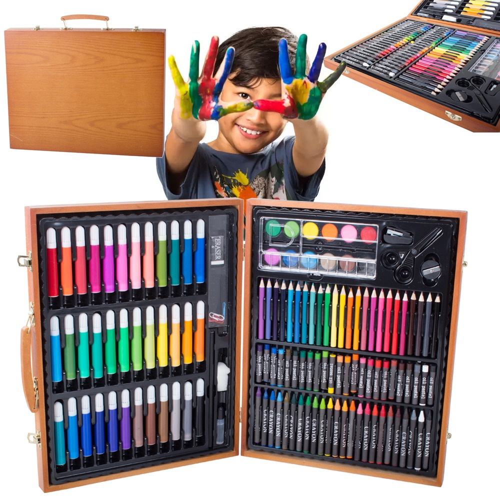 Set desen si pictura pentru copii, 150 piese, creioane, carioci, acuarele, trusa maro din lemn inclusa [17]