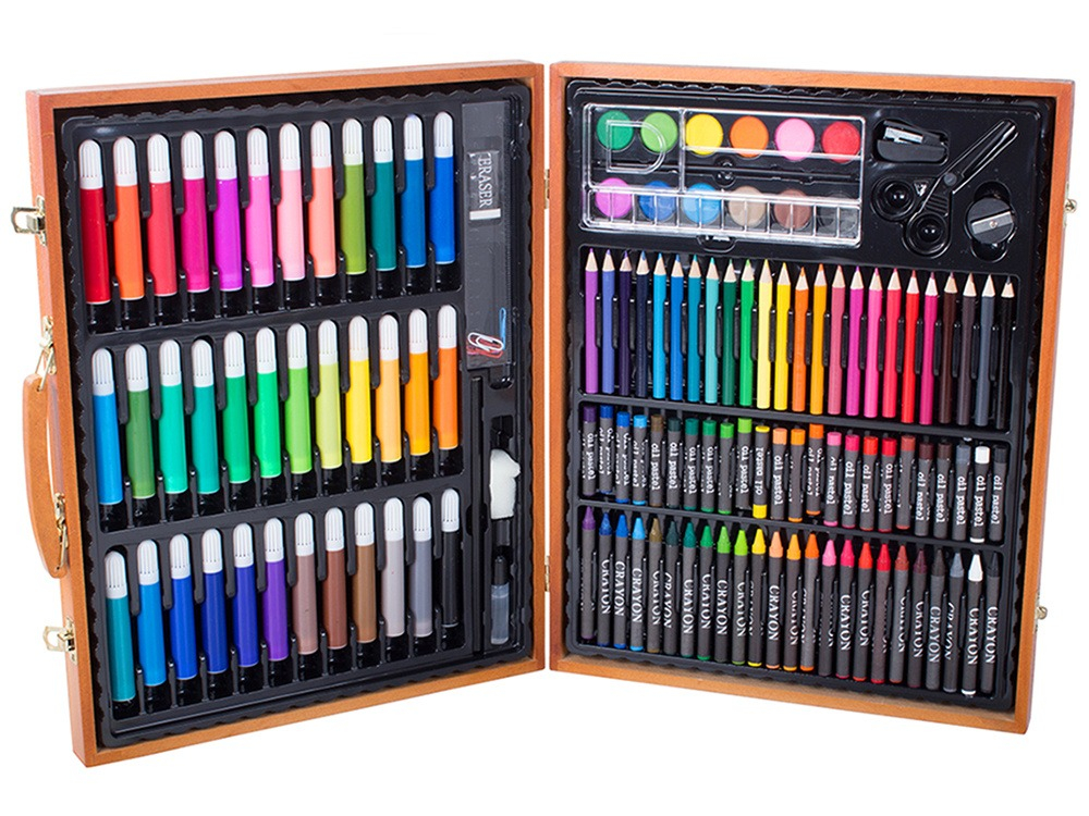Set desen si pictura pentru copii, 150 piese, creioane, carioci, acuarele, trusa maro din lemn inclusa [3]