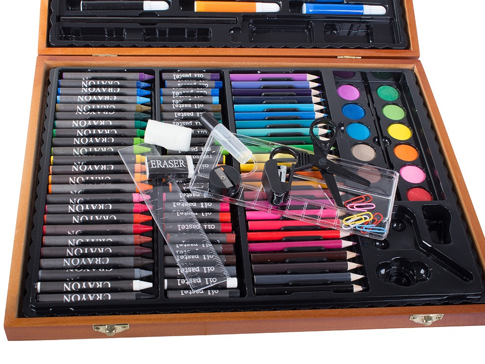 Set desen si pictura pentru copii, 150 piese, creioane, carioci, acuarele, trusa maro din lemn inclusa [8]