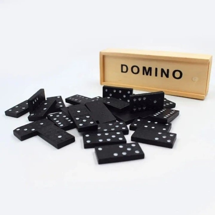 Set domino negru 14.5 x 5 x 3 cm, 28 piese, cutie din lemn cu capac culisant, joc clasic de strategie pentru copii si adulti [2]