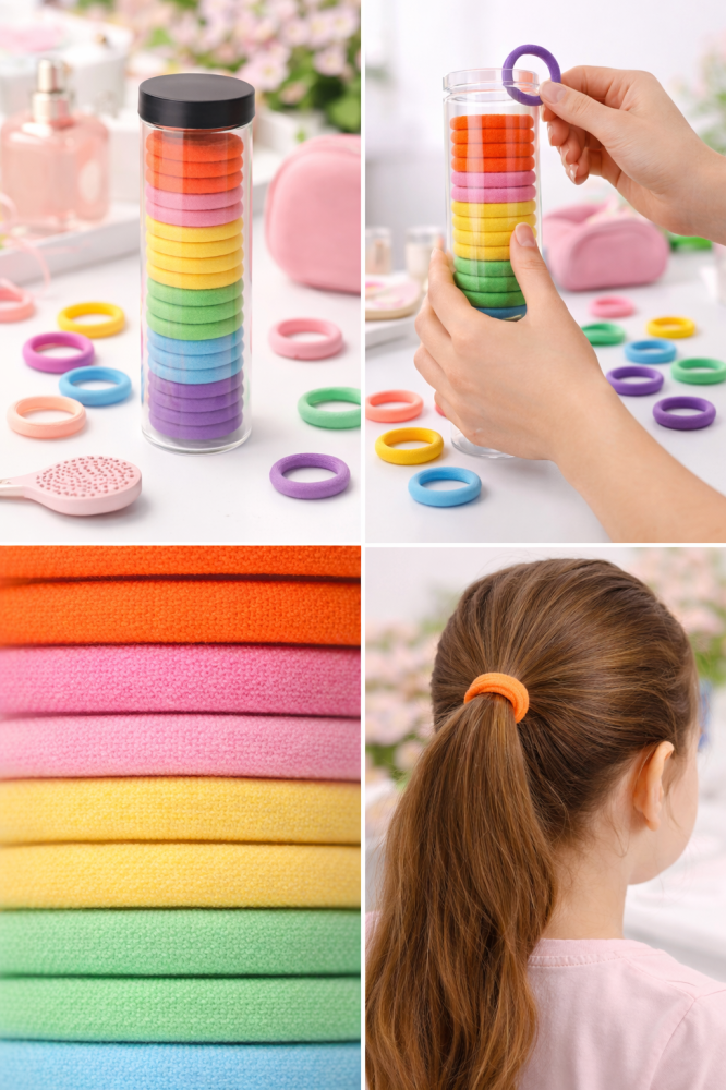 Set elastice par textile multicolore, 20 bucati, diametru 4.5 cm, tub depozitare transparent, 6 culori [4]