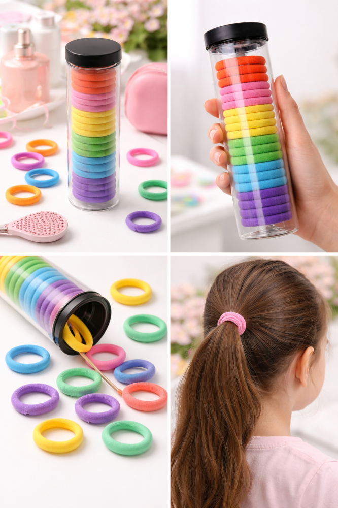 Set elastice par textile multicolore, 20 bucati, diametru 4.5 cm, tub depozitare transparent, 6 culori [2]