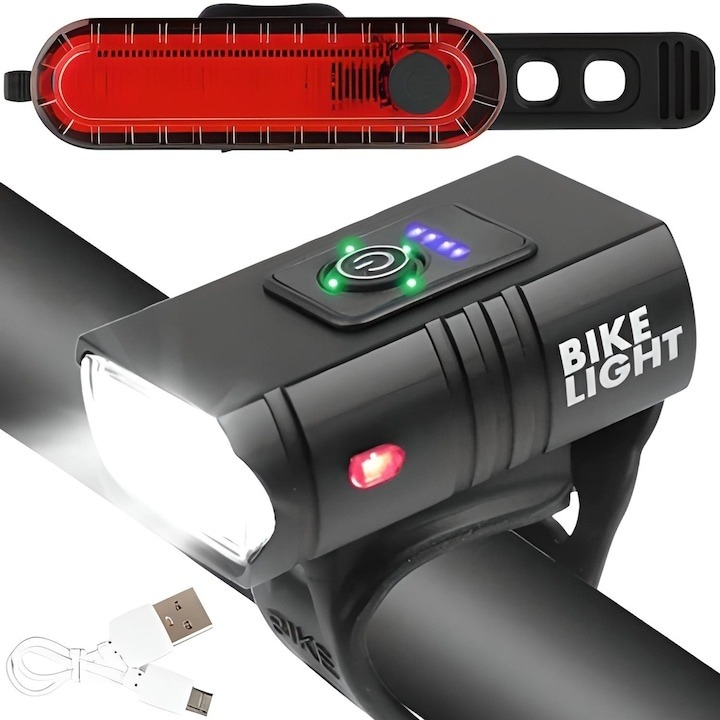 Set far si stop pentru bicicleta ,model Bike Light, autonomie 4 ore,alimentare USB, rezistenta la apa