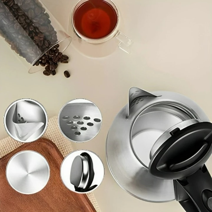 Set fierbator electric din inox, 1800W, capacitate 2l, cana de sticla cu sita de inox 1.5l, termostat automat, suport prevazut cu plita pentru mentinerea calda a bauturilor [9]