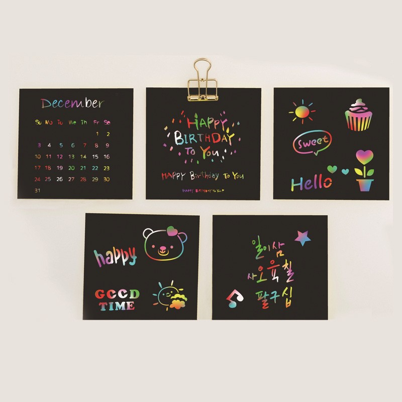 Set foi razuibile negre 8.5 x 8.5 cm, 100 bucati, efect curcubeu, 2 creioane bambus [3]