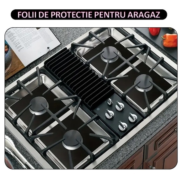 Set folii de protectie pentru aragaz si plita, universale, antiaderente, lavabile, rezistente la caldura, reutilizabile, din teflon PTFE, 27x27 cm, negre [2]