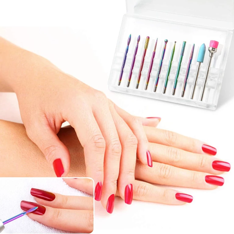 Set freze unghii multicolor 10 piese, capete diamantate pentru pila electrica, manichiura, pedichiura, cuticule, gel si acryl, cu cutie depozitare [9]