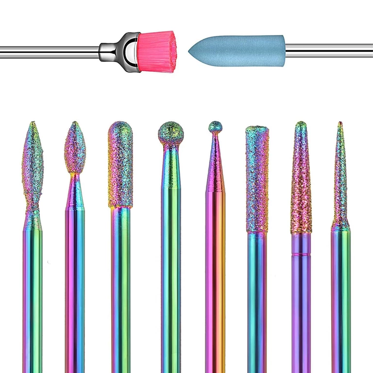 Set freze unghii multicolor 10 piese, capete diamantate pentru pila electrica, manichiura, pedichiura, cuticule, gel si acryl, cu cutie depozitare [8]