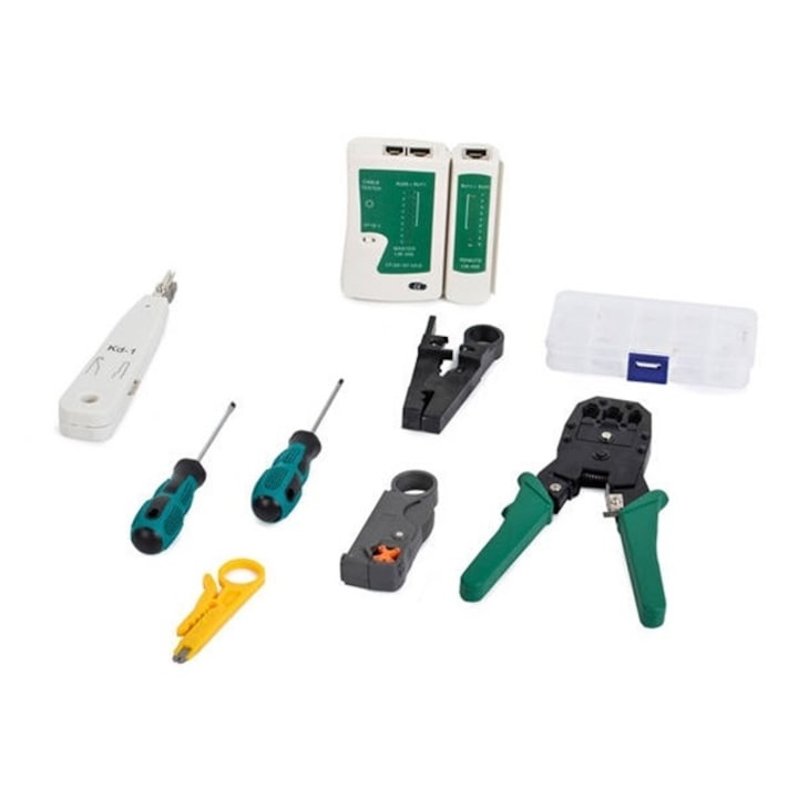 Set instrumente pentru retea LAN cu tester RJ45/RJ11, cleste sertizare 4/6/8P, stripper, push-in LSA, mufe RJ45, taietoare cablu si husa depozitare – pentru instalare si reparatii [6]