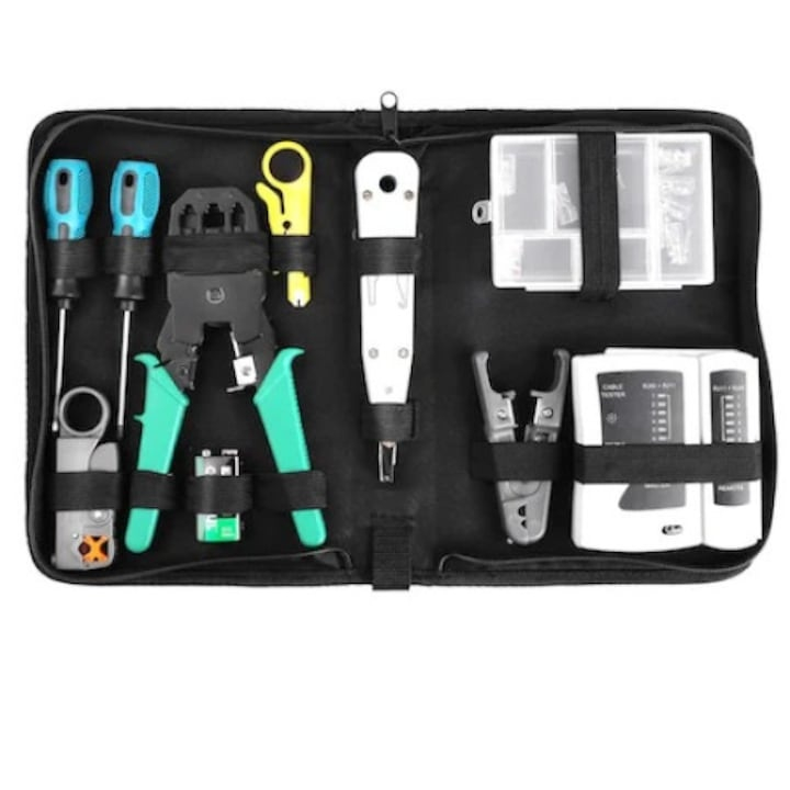 Set instrumente retea 13 in 1 cu tester RJ45/RJ11, cleste sertizare 3 in 1, dezizolatoare, surubelnite, capete RJ45, coliere, baterie 9V si husa – pentru instalare si reparatii LAN, alb [1]