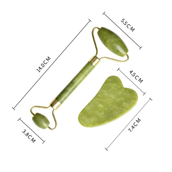 Set Jade Roller si Gua Sha, piatra naturala de jad, verde, masaj facial pentru lifting, relaxare, reducerea cearcanelor si stimularea circulatiei, uz casnic [2]