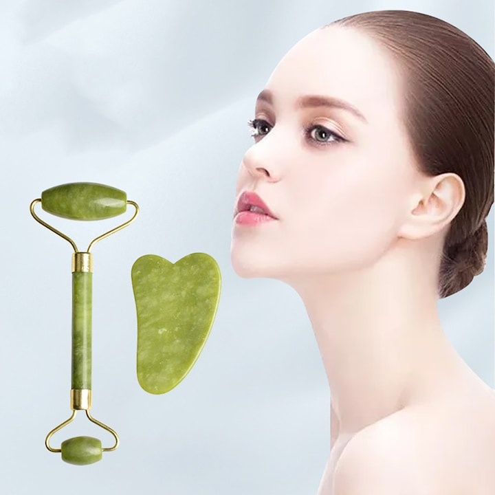 Set Jade Roller si Gua Sha, piatra naturala de jad, verde, masaj facial pentru lifting, relaxare, reducerea cearcanelor si stimularea circulatiei, uz casnic [3]