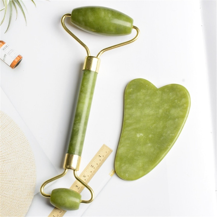 Set Jade Roller si Gua Sha, piatra naturala de jad, verde, masaj facial pentru lifting, relaxare, reducerea cearcanelor si stimularea circulatiei, uz casnic [6]