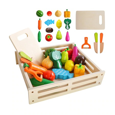 Set de taiat fructe si legume pentru copii,17 piese,2 cutite,1 tocator,1 peeler,cutie lemn - Multicolor