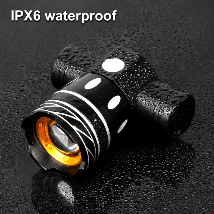 Set lumini bicicleta fata si spate, LED 300 lumeni, 3 moduri de iluminare, maner rotativ 360°, zoom, rezistent la apa IPX6, acumulator reincarcabil, instalare usoara, cablu USB inclus, negru [4]