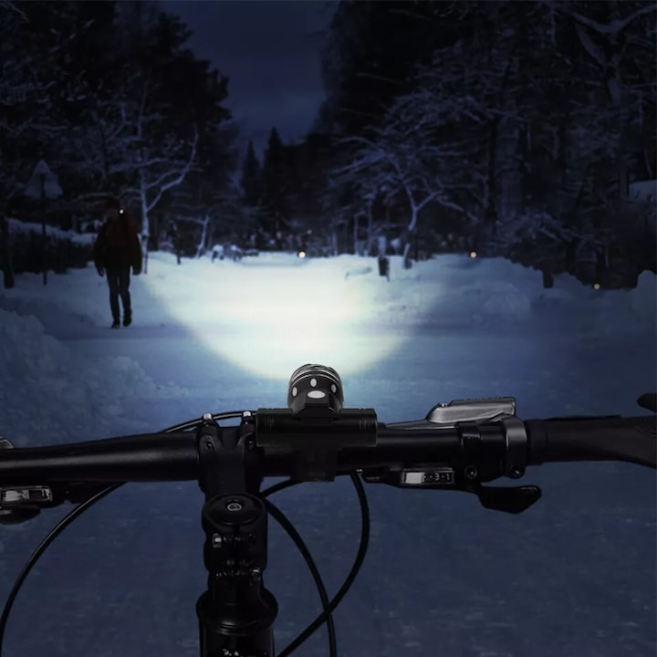 Set lumini bicicleta fata si spate, LED 300 lumeni, 3 moduri de iluminare, maner rotativ 360°, zoom, rezistent la apa IPX6, acumulator reincarcabil, instalare usoara, cablu USB inclus, negru [6]