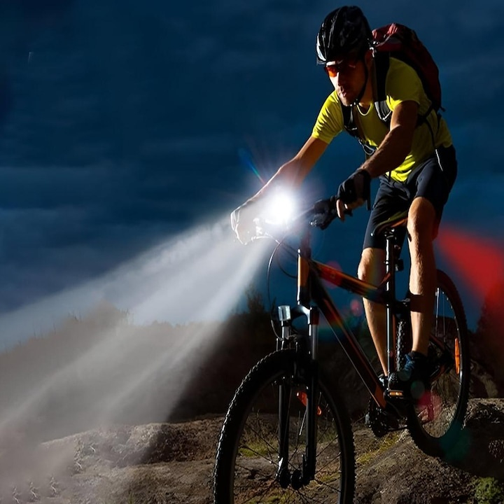 Set lumini bicicleta fata si spate, LED 300 lumeni, 3 moduri de iluminare, maner rotativ 360°, zoom, rezistent la apa IPX6, acumulator reincarcabil, instalare usoara, cablu USB inclus, negru [5]