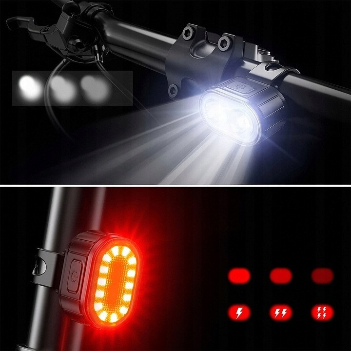 Set lumini bicicleta LED USB, far fata si stop spate, reincarcabile, 6 moduri iluminare, rezistente la apa, montaj rapid, negru [6]