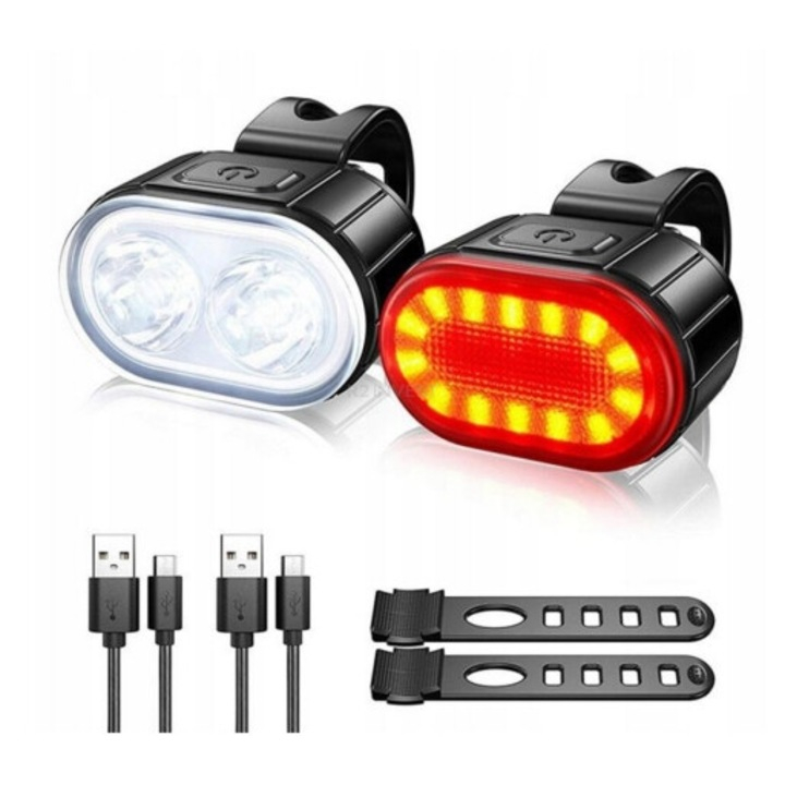 Set lumini bicicleta LED USB, far fata si stop spate, reincarcabile, 6 moduri iluminare, rezistente la apa, montaj rapid, negru [10]
