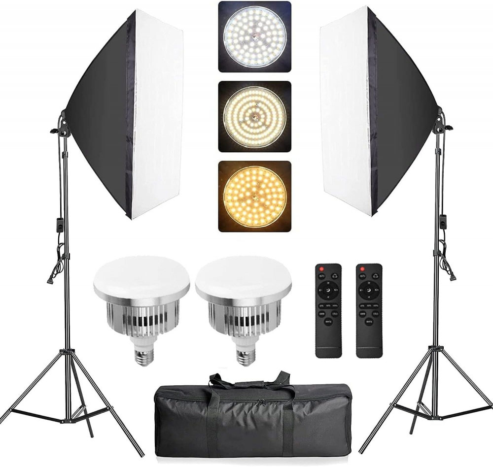 Kit de 2 softboxuri, 2 trepiezi reglabili 200 cm, 2 becuri LED de 105W cu telecomanda control, geanta de transport inclusa