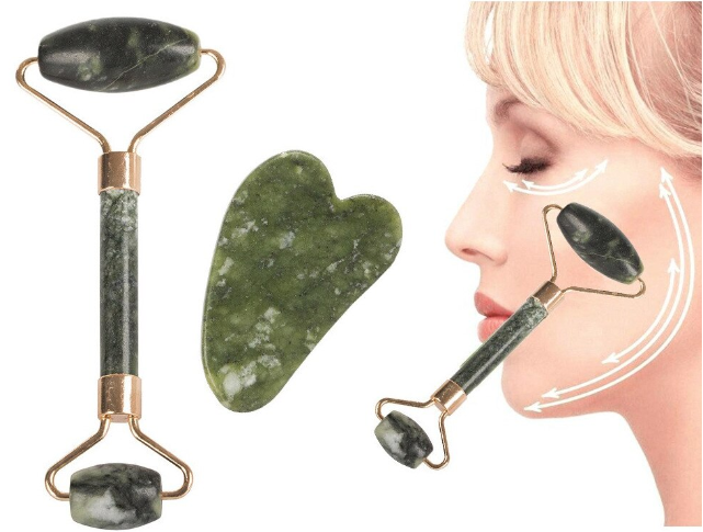 Set Masaj Facial 2 in 1, Rola Jad Verde si Piatra Gua Sha, Detalii Aurii, Anti-Rid si Relaxare [4]